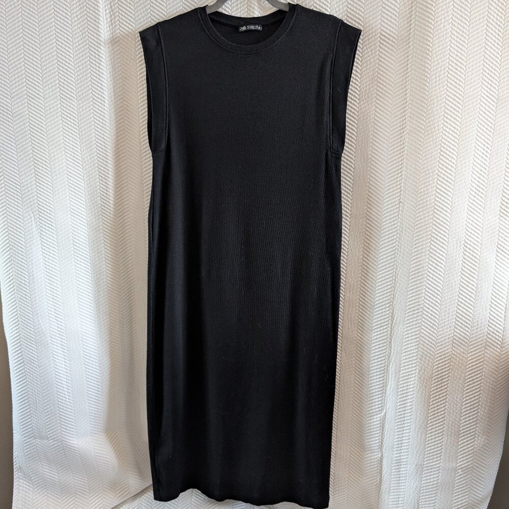 Zara Black Ribbed Midi Dress Relaxed Oversized Fit Minimalist Casual Size Small